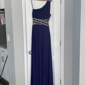 Super flattering one shoulder open back prom gown
